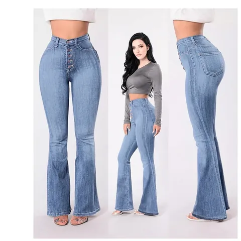 Pantaloni di Jeans da Donna a Vita Alta Vintage con Patta a Bottoni a Zampa Elasticizzati Slim Fit Lavati Blu