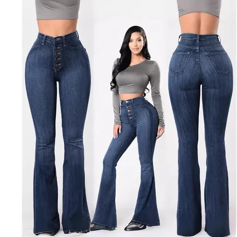 Pantaloni di Jeans da Donna a Vita Alta Vintage con Patta a Bottoni a Zampa Elasticizzati Slim Fit Lavati Blu