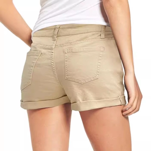 Short en Denim Décontracté pour Femmes Khaki Lavé Taille Haute Ourlet Roulé en Coton Jambe Droite Short en Jean Mode