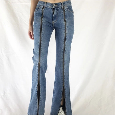 Jeans Femme Taille Haute Double Fermeture Éclair Devant Fendu Micro Flare Bleu Lavé Streetwear Rétro Pantalon Long en Denim Coton