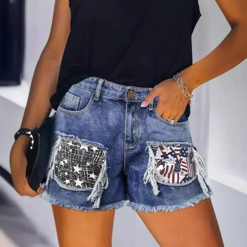 Damen Casual Denim Shorts Zerrissene Sternen-Patch Snow Wash Ausgefranster Saum Baumwolle Shorts Blau Slim Fit Streetwear