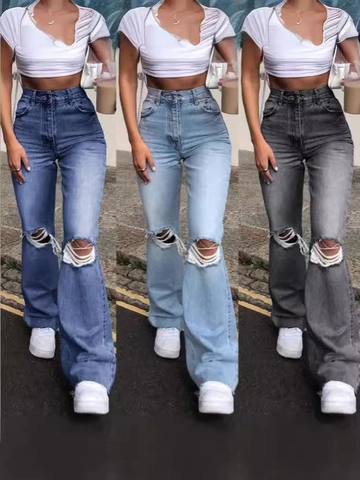 Dames High Waist Distressed Flare Jeans Denim Wijde Pijpen Broek Met Knie Gescheurd Casual Street Fashion Lange Jeans Voor Dames