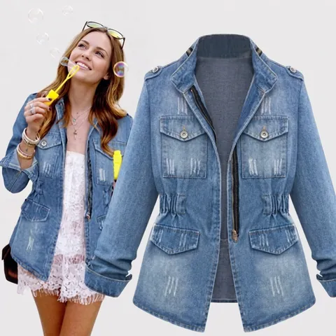 Veste en Jean Large Décontractée pour Femmes Col Montant Multi Poches Délavée Usée Fermeture Éclair Taille Élastique Bleu