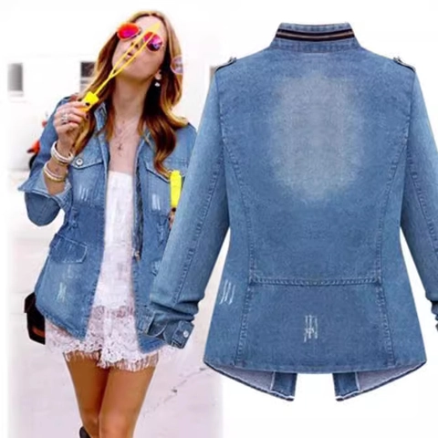 Veste en Jean Large Décontractée pour Femmes Col Montant Multi Poches Délavée Usée Fermeture Éclair Taille Élastique Bleu
