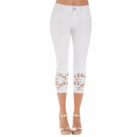 Pantaloni Capri in Denim Elasticizzato a Vita Alta da Donna Con Fondo in Pizzo Fiori Intagliati Vestibilità Slim Pantaloni Eleganti