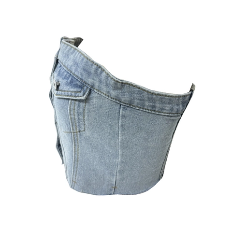 Women Washed Denim Tube Top Strapless Slim Fit Crop Top With Buttons Pockets Frayed Hem Streetwear Vintage Vest Top