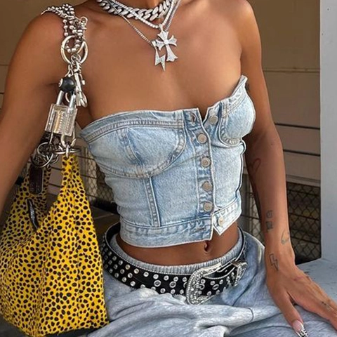 Women's Sexy Denim Tube Top Corset Style Metal Buttons Light Blue Washed Short Bustier Streetwear Y2K Fashion Sleeveless Top