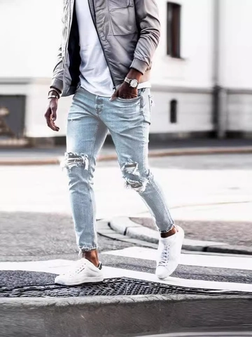 Jean Denim Slim Fit Déchiré pour Homme Bleu Clair Délavé Distressed Streetwear Jean Skinny Homme Pantalon Long en Denim Décontracté