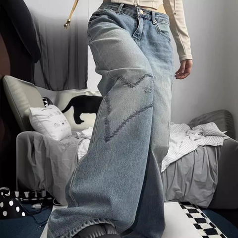 Jeans Donna Vintage a Vita Bassa con Stampa a Cuore Gamba Larga Denim Lavato Azzurro Pantaloni Casual Streetwear