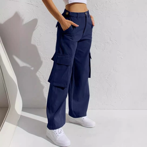 Damen Casual Denim Cargo Jeans Mehrere Taschen Hohe Taille Gerade Weites Bein Streetwear Outdoor Mode Hose Damen