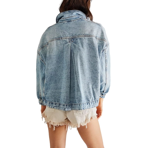 Giacca di Jeans Oversize da Donna Effetto Consumato Lavato Ampio Manica Lunga Bottoni Casual Jean Coat Moda Outwear Top