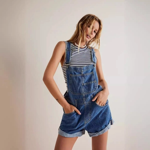 Damen Denim Latzhose Romper Casual Locker Multi Pocket Verstellbare Träger Washed Baumwolle Retro Dungarees Sommer Shorts Jumpsuit