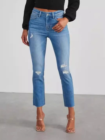 Dames High Waist Distressed Ripped Skinny Jeans Denim Broek Met On afgewerkte Zoom Hoge Elasticiteit Slim Fit Retro