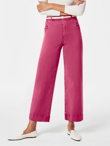 Women High Waist Wide Leg Cropped Jeans Washed Denim Pants With Button Decor Side Pockets Casual Loose Straight Trousers