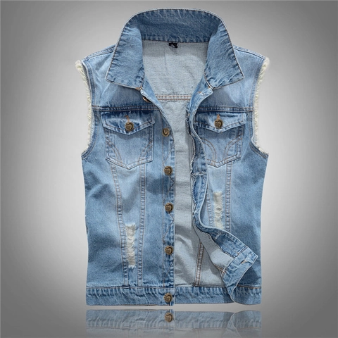 Men Casual Denim Vest Light Blue Distressed Ripped Sleeveless Jacket With Heart Shaped Buttons Plus Size Fashion Denim Gilet For Men