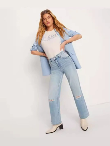 Women's High Waist Straight Leg Ripped Jeans Distressed Light Blue Cropped Denim Pants Casual Washed Raw Hem Streetwear
