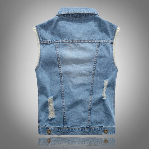 Men Casual Denim Vest Light Blue Distressed Ripped Sleeveless Jacket With Heart Shaped Buttons Plus Size Fashion Denim Gilet For Men