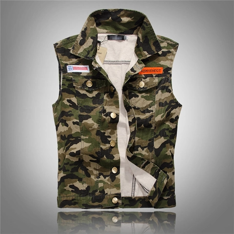 Damen Casual Slim Fit Camouflage Denim Weste Ärmellos Cargo Jacke Mit Taschen Reverskragen Einreihig Weste