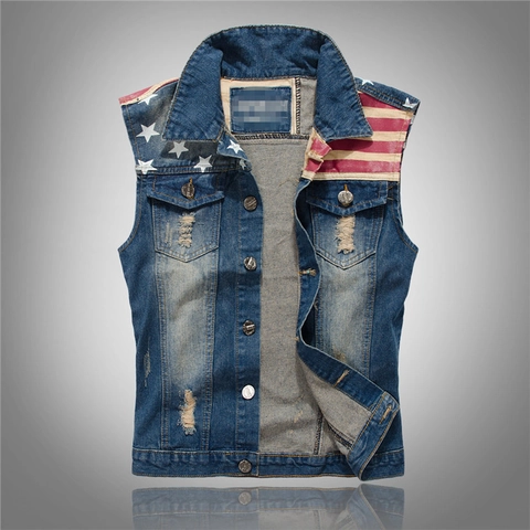 Herren Slim Fit Denim Weste Stars and Stripes US Flagge Patchwork Distressed Gewaschene Knopfweste Ärmellose Jacke Top
