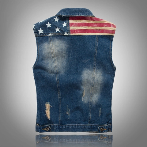 Herren Slim Fit Denim Weste Stars and Stripes US Flagge Patchwork Distressed Gewaschene Knopfweste Ärmellose Jacke Top
