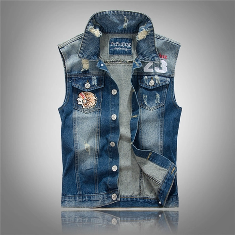 Chaleco de Mezclilla Casual para Hombre Roto Desgastado Gilet Retro Chaqueta Sin Mangas Con Bordado Número 23 Parche de Indio