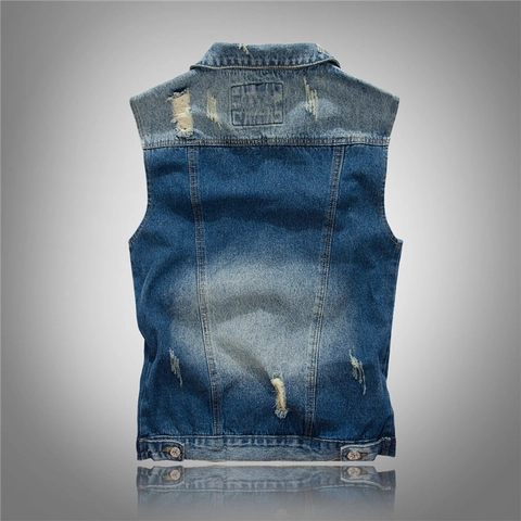 Chaleco de Mezclilla Casual para Hombre Roto Desgastado Gilet Retro Chaqueta Sin Mangas Con Bordado Número 23 Parche de Indio