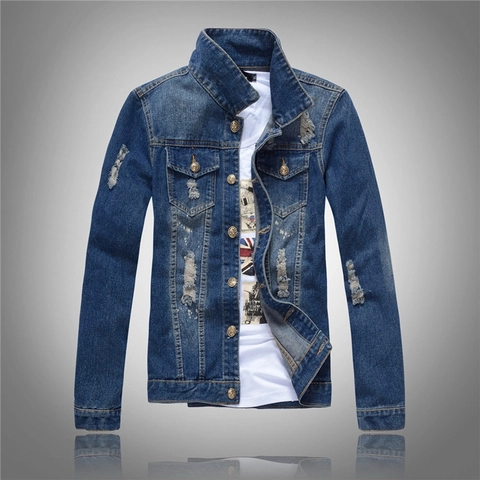 Giacca di Jeans Distressed da Uomo Slim Fit Jeansjacke Lavata con Strappi Streetwear Vintage Capispalla da Uomo con Bottoni ad Ancora Blu