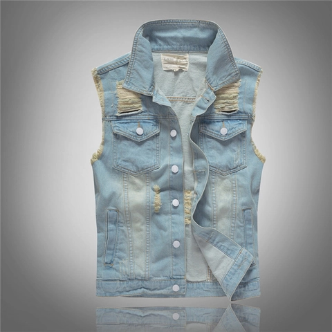 Chaleco de Mezclilla Distressed para Hombre Azul Claro Corte Ajustado Rasgado Deshilachado Streetwear Casual Chaqueta Sin Mangas
