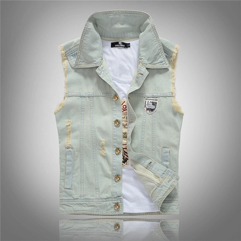Herren Casual Hellblaue Denim Weste Slim Fit Gewaschen Zerrissen Ärmellose Jacke Mit Patches Mode Streetwear Top