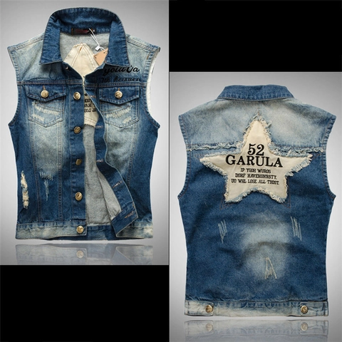 Men's Casual Washed Denim Vest Distressed Ripped Sleeveless Jacket With Star Patch Retro Slim Fit Cotton Waistcoat Streetwear