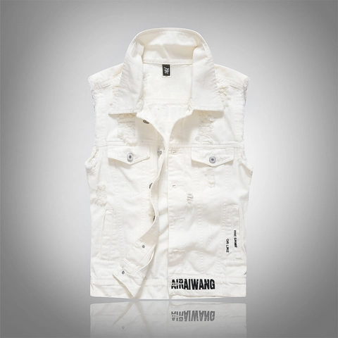 Gilet en Denim Déchiré Slim Fit pour Hommes Blanc Veste en Jean Sans Manches Avec Impression de Slogan Mode de Rue