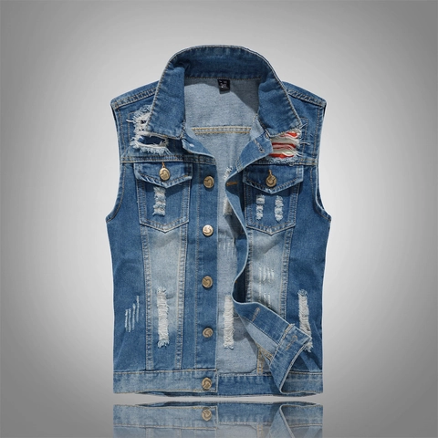 Herren Slim Fit Denim Weste Vintage Gewaschen Distressed Ripped Jeans Weste Ärmellose Jacke Casual Fashion Gilet Mit Metallknöpfen Für Männer