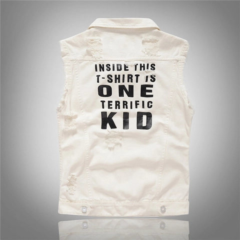 Gilet en Denim Déchiré Slim Fit pour Hommes Blanc Veste en Jean Sans Manches Avec Impression de Slogan Mode de Rue