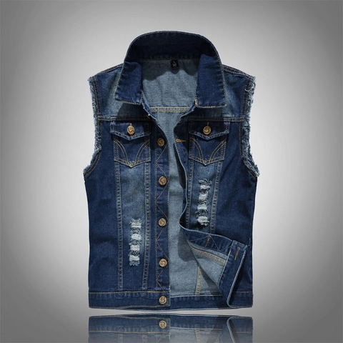 Gilet di Jeans da Uomo Aderente Giacca Senza Maniche Strappato Gilet da Motociclista Blu Casual Capispalla in Jeans per Uomo