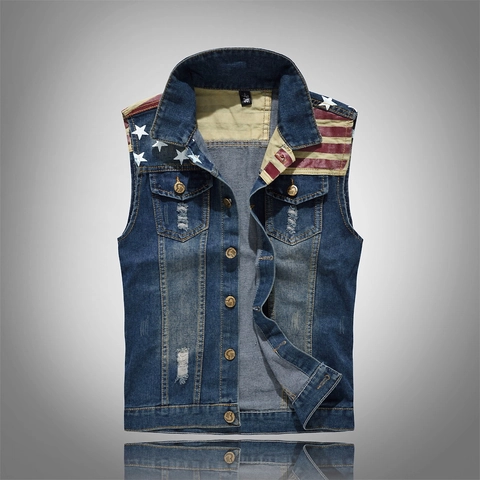Ανδρικό Ρετρό Τζιν Γιλέκο Slim Fit Με Patchwork Αμερικανική Σημαία Καταπονημένο Ξεθωριασμένο Τζιν Αμάνικο Μπουφάν Casual