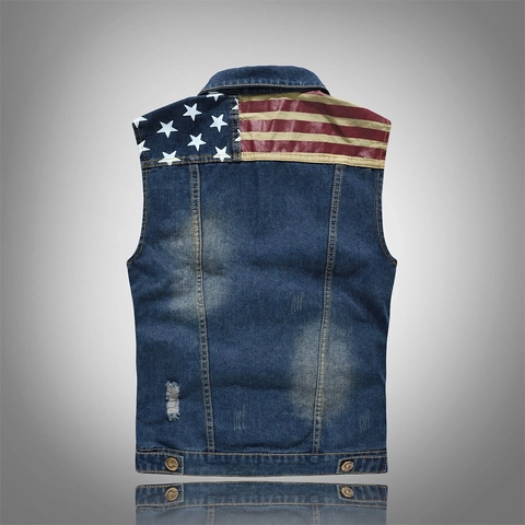 Ανδρικό Ρετρό Τζιν Γιλέκο Slim Fit Με Patchwork Αμερικανική Σημαία Καταπονημένο Ξεθωριασμένο Τζιν Αμάνικο Μπουφάν Casual