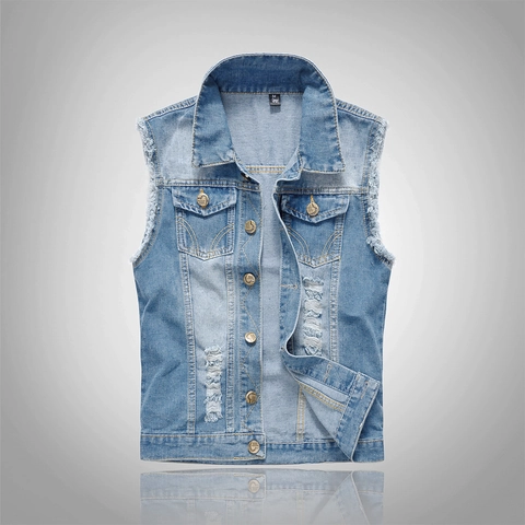 Gilet en Jean Décontracté pour Hommes Coupe Ajustée Déchiré Lavé Revers Simple Boutonnage Veste Sans Manches Grande Taille Mélange de Coton