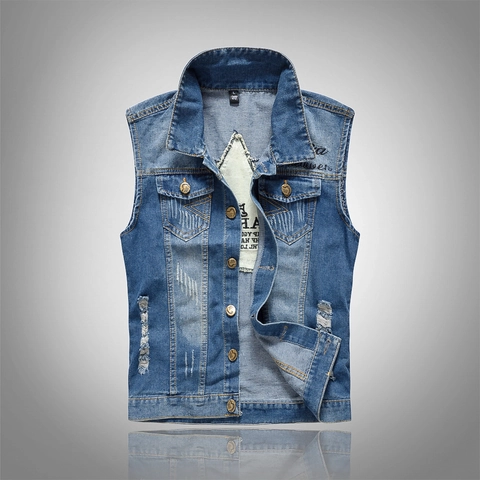 Gilet en Jean Coupe Cintrée Style Coréen pour Hommes Veste sans Manches en Coton Délavé Décontracté avec Broderie et Patch Étoile