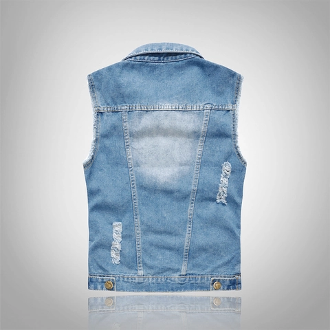Gilet en Jean Décontracté pour Hommes Coupe Ajustée Déchiré Lavé Revers Simple Boutonnage Veste Sans Manches Grande Taille Mélange de Coton