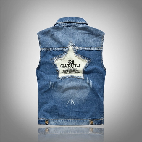 Gilet en Jean Coupe Cintrée Style Coréen pour Hommes Veste sans Manches en Coton Délavé Décontracté avec Broderie et Patch Étoile