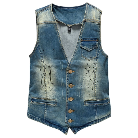 Men's Korean Slim Fit Washed Denim Vest Retro Splatter Paint Cotton Waistcoat Casual Single Breasted Sleeveless Jacket