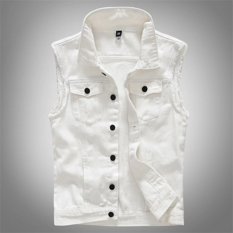 Gilet in Denim Bianco Uomo Casual Vestibilità Aderente Colletto a Punta Senza Maniche Con Bottoni Neri Moda