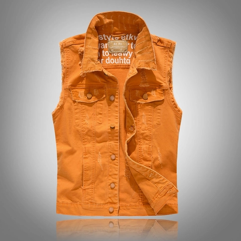 Men Casual Orange Denim Vest Slim Fit Distressed Ripped Sleeveless Jacket With Turndown Collar Streetwear Fashion Denim Waistcoat