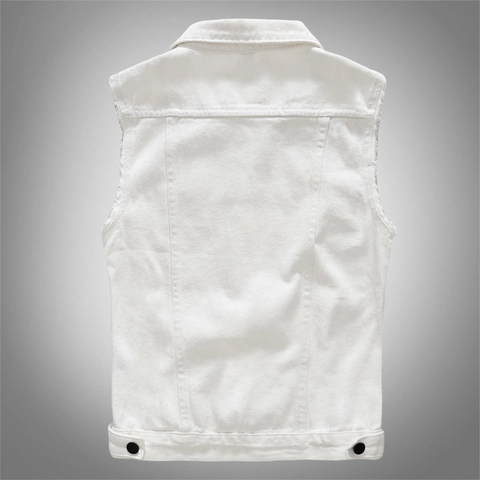 Gilet in Denim Bianco Uomo Casual Vestibilità Aderente Colletto a Punta Senza Maniche Con Bottoni Neri Moda