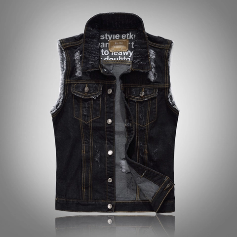 Men Slim Fit Black Denim Vest Distressed Ripped Sleeveless Jacket With Contrast Stitching Retro Streetwear Waistcoat