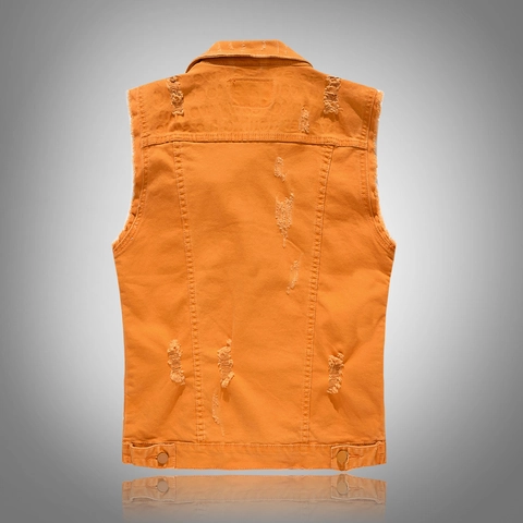 Men Casual Orange Denim Vest Slim Fit Distressed Ripped Sleeveless Jacket With Turndown Collar Streetwear Fashion Denim Waistcoat