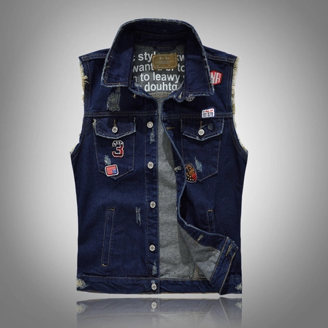 Gilet en Jean pour Hommes Coupe Ajustée Déchiré Patchwork Sans Manches Veste Trucker Décontractée Boutonné Bleu
