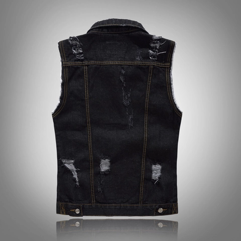 Men Slim Fit Black Denim Vest Distressed Ripped Sleeveless Jacket With Contrast Stitching Retro Streetwear Waistcoat