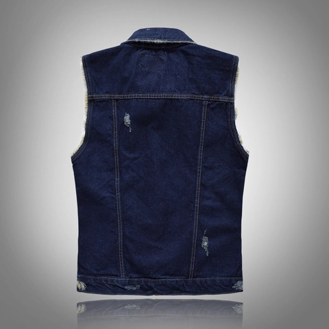 Gilet en Jean pour Hommes Coupe Ajustée Déchiré Patchwork Sans Manches Veste Trucker Décontractée Boutonné Bleu