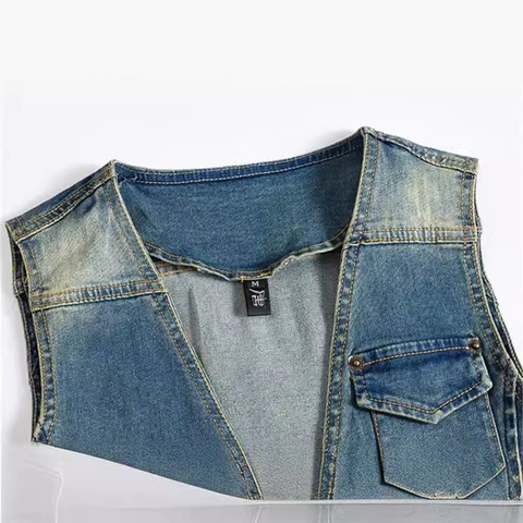 Men's Korean Slim Fit Washed Denim Vest Retro Splatter Paint Cotton Waistcoat Casual Single Breasted Sleeveless Jacket
